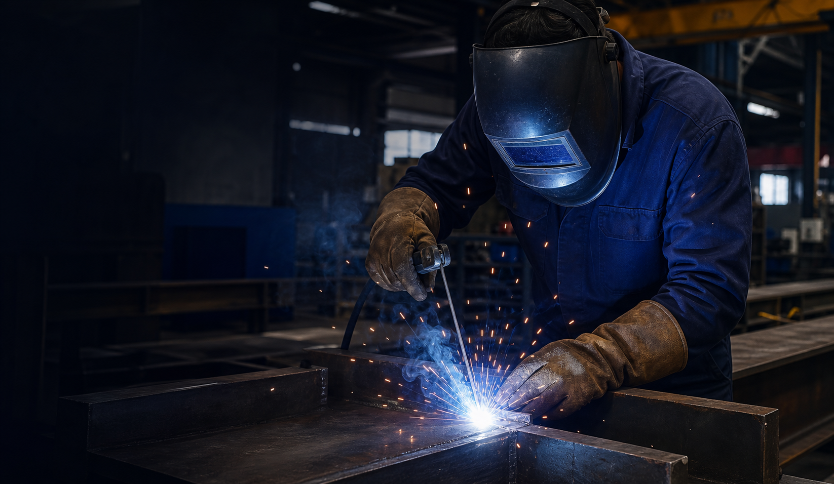 MMA-Elektrodenschweißer bei der Arbeit an Stahl