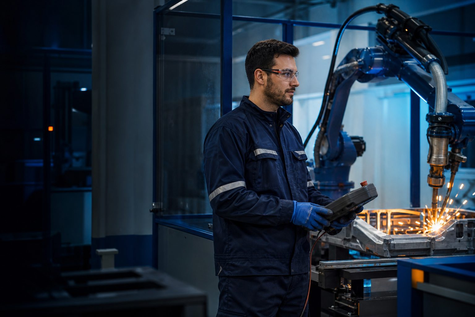 Bediener einer Roboterschweißzelle in der Produktion
